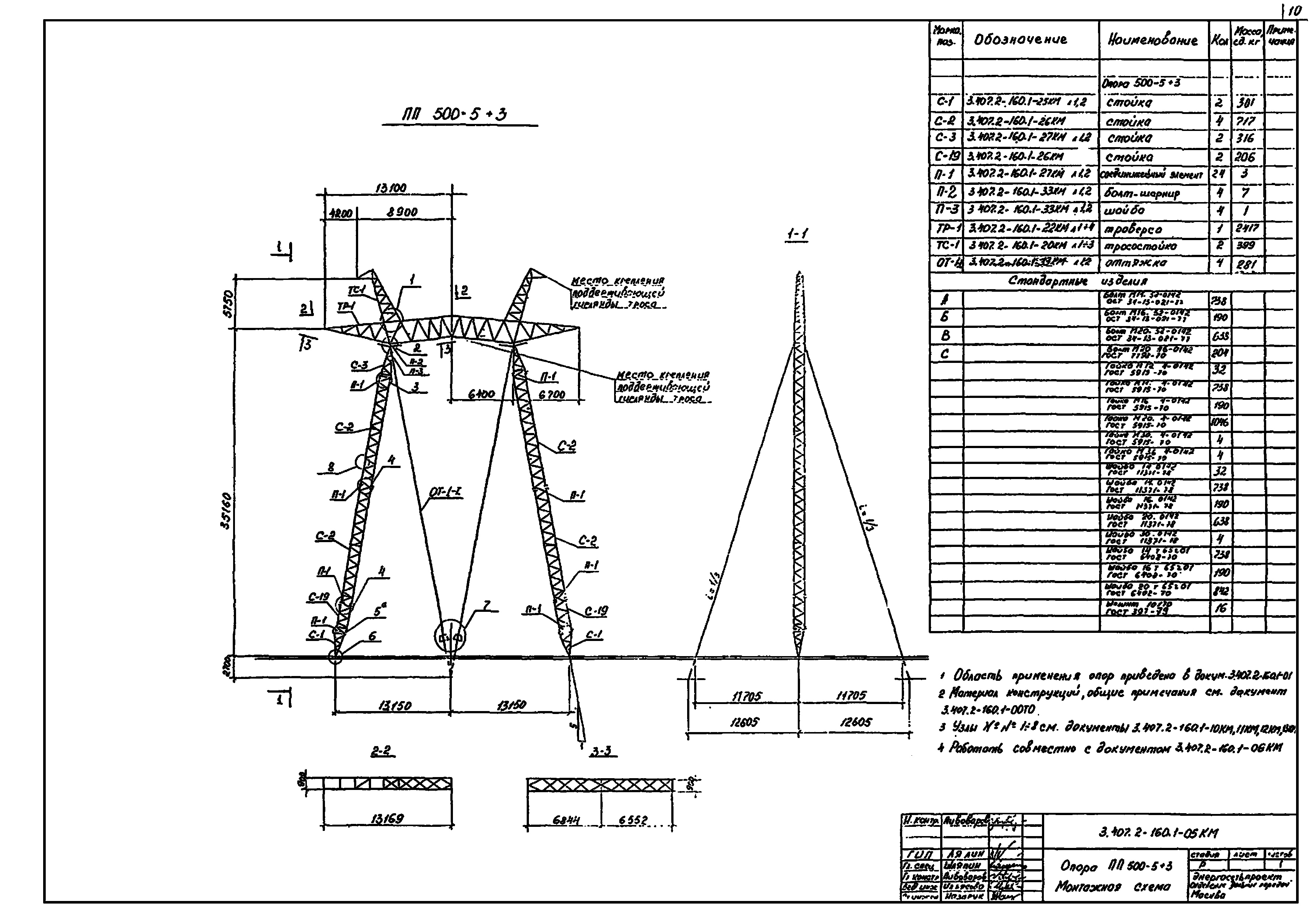 Промежуточная опора ПП500-5+3, типовой проект 3.407.2-160 (12106тм-т1) С245, С345 горячее оцинкование