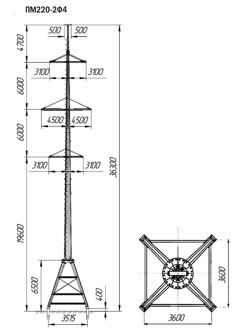 Промежуточная опора ПМ220-2Ф4, типовой проект 12550.00.000 МС С345 горячее цинкование