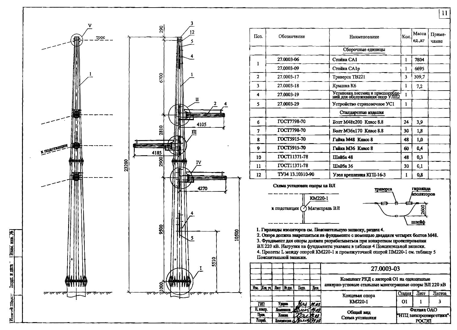 Концевая опора КМ220-1, типовой проект 27.0003 С345 горячее цинкование