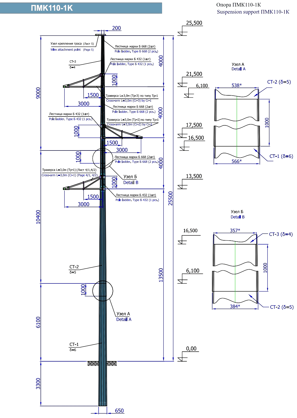 Промежуточная опора ПМК110-1К, типовой проект 95-01/06-05/468-КМ С345 горячее цинкование