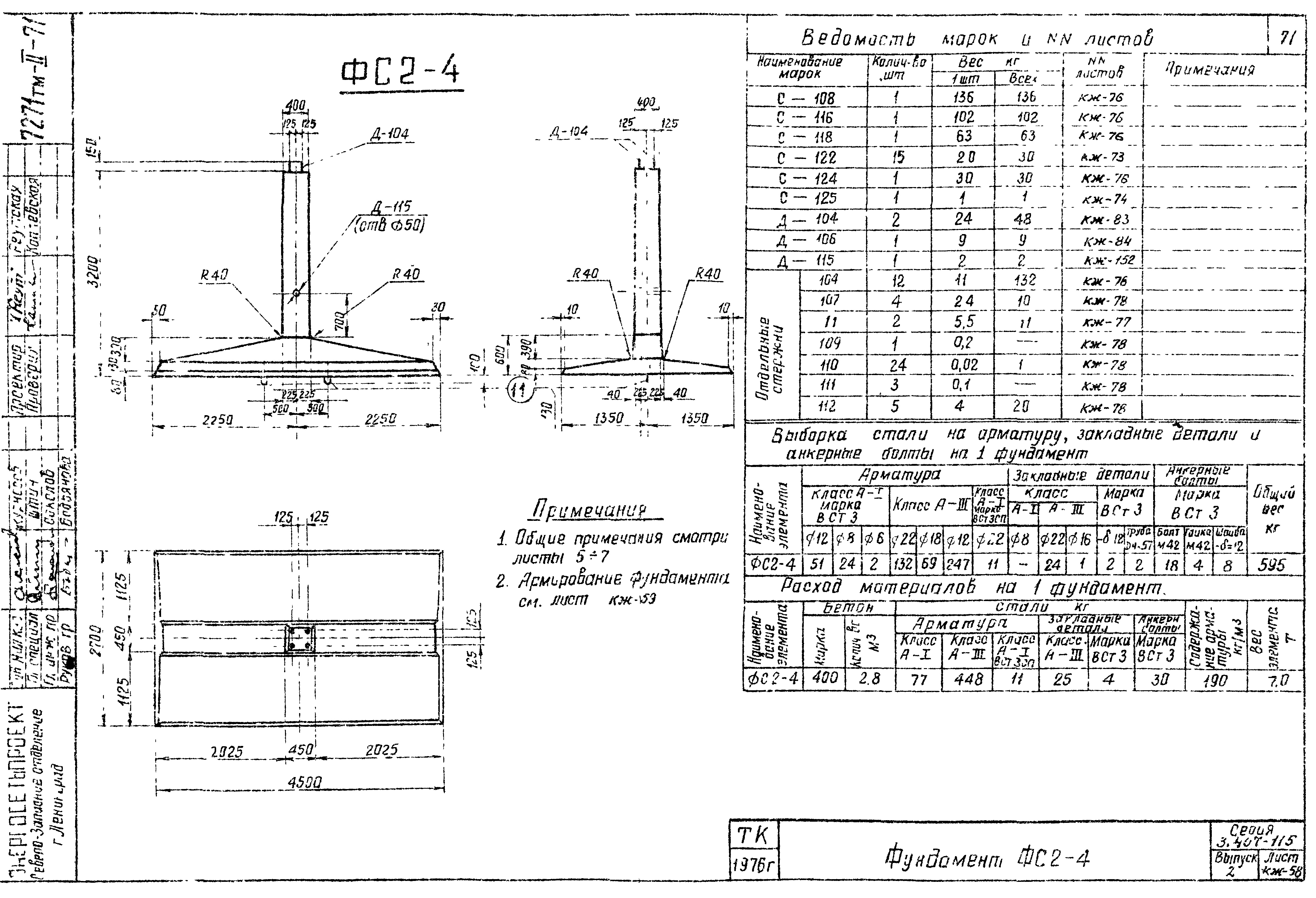 Фундамент промежуточной опоры ФС2-4, серия 3.407-115