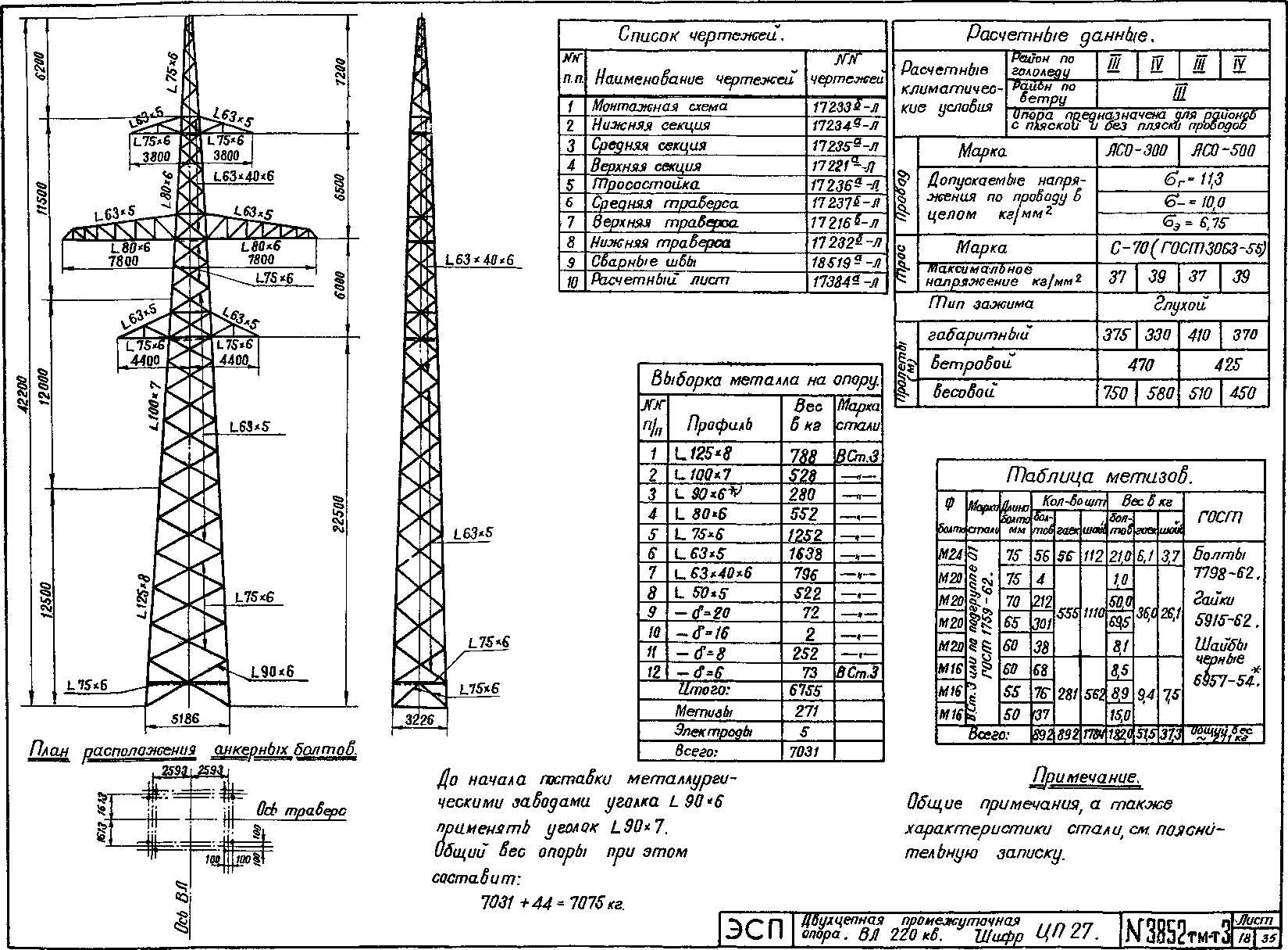 Промежуточная опора ЦП27-2, типовой проект 3852тм-т3 С245 горячее оцинкование
