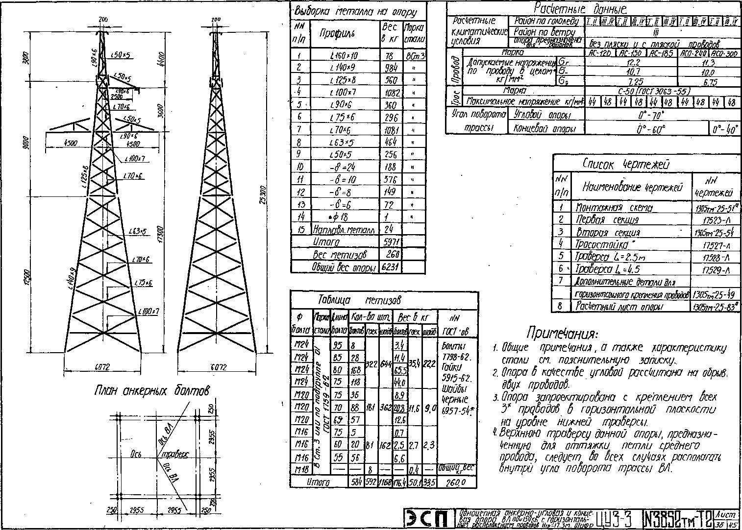 Анкерно-угловая опора ЦУ3-3+6,2, типовой проект 3852тм-т2 С245 горячее оцинкование