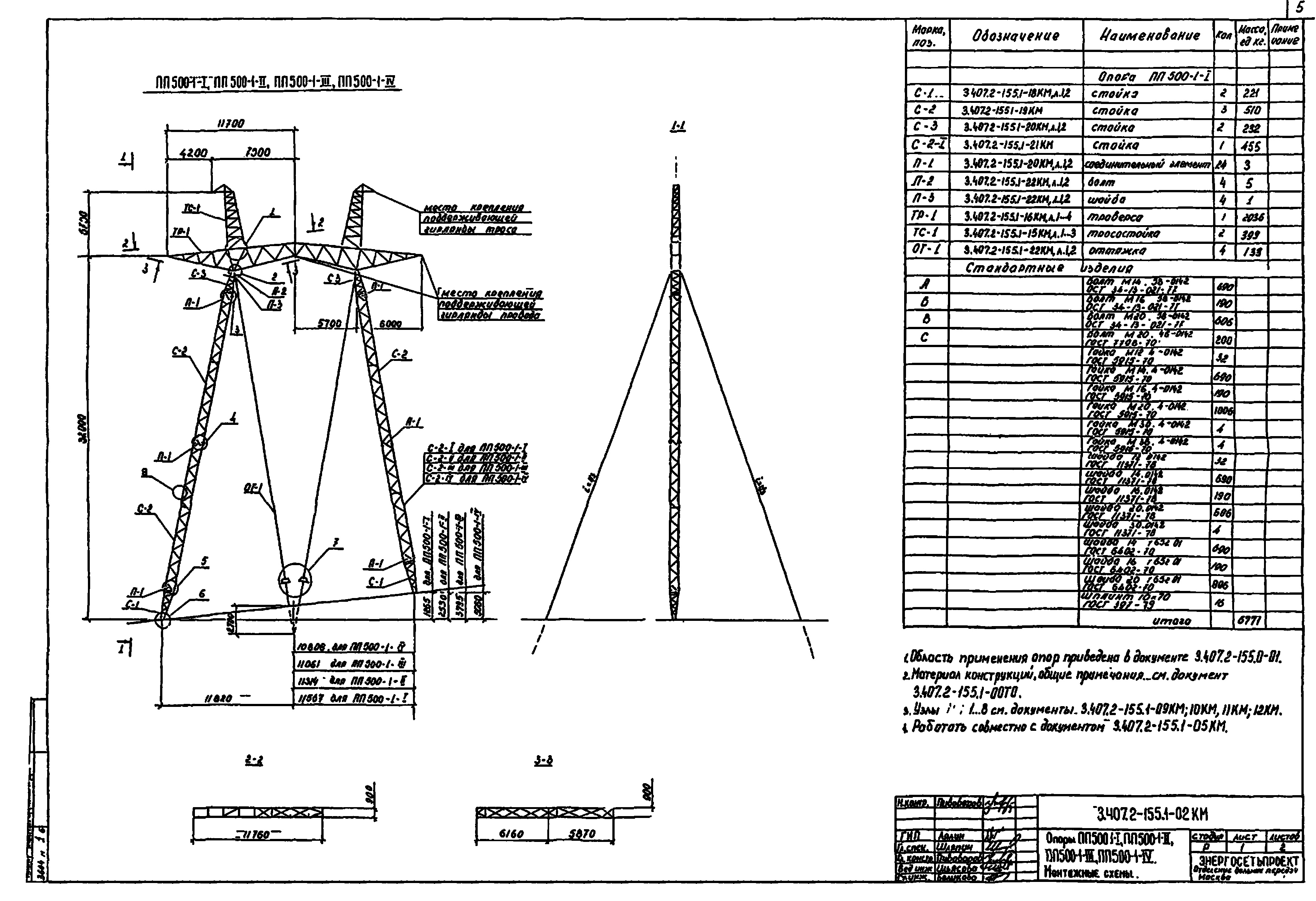 Промежуточная косогорная опора ПП500-1-I, типовой проект 3.407.2-155.1 (3604тм-т1) С245, С345 горячее оцинкование
