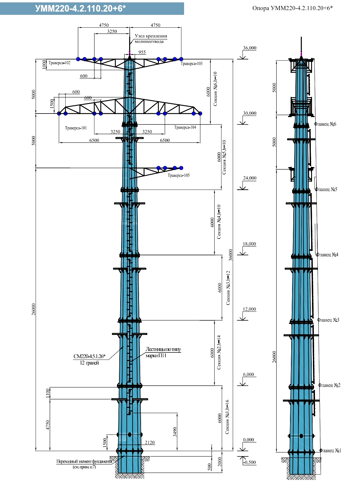 Анкерно-угловая опора УММ220-4.2.110.20+6*, типовой проект 2702-10-КМ.12 С345 горячее цинкование